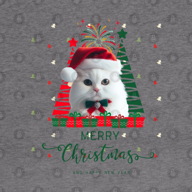 White cat in Santa hat with Christmas tree Merry Christmas and happy New Year,Brafdesign by Brafdesign